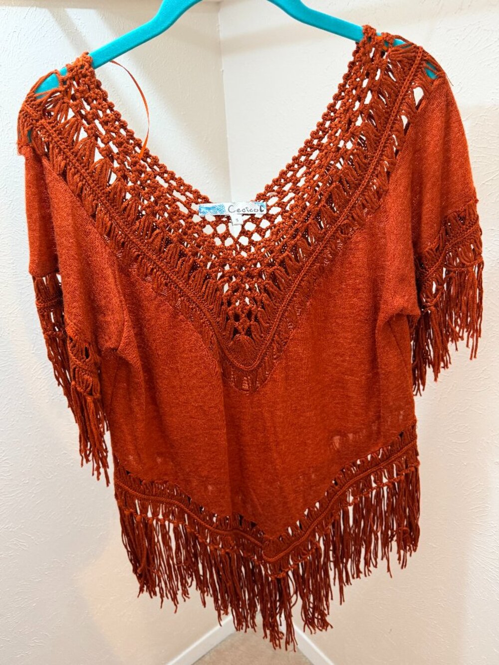 Cecico Rust Orange Crochet Fringe Boho Tunic Top - Size S